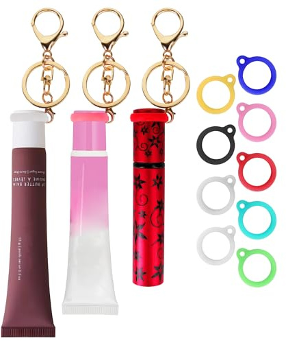 ReignSword Lip Gloss Keychain for Women, 3 Pack Lipstick Holder Key Chain with 9 Rubber Rings, Portable Lip Balm Holder for Purse Charms Keychain Wallet Tumbler Accessories