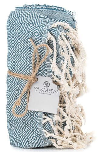 Yasmeen Saunatuch 96 x 180 cm – 100% Baumwolle – 415 g/m² – Badetuch – Strandtuch – Pestemal Hamamtuch - schnelltrocknend und leicht (Maritim, 96x180 cm)