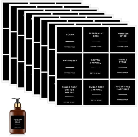 Elegaperma 72pcs Coffee Syrup Labels for Glass Bottles, Coffee Labels Stickers for Coffee Bar and for Syrup Dispenser Drinking Bottle Glass Cups Organization, Black