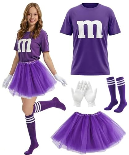 HarnyLoom M Kostüm Damen M Aufdruck T-Shirt Gruppen Kostüm Erwachsene mit Tüllrock Handschuhe Socken Faschingskostüme für Karneval Cosplay (Lila, XL)