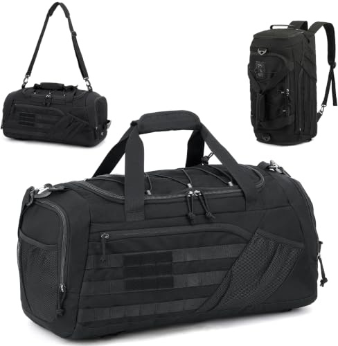 45L Taktische Reisetasche Rucksack für Herren Damen 3-in-1 Sporttasche mit Schuhfach Nassfach Multifunktionale Weekender Duffel Bag für Gym Reisen Camping Wandern, Schwarz