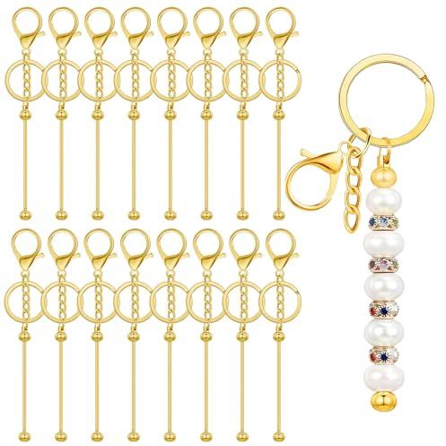 CECOMBINE 16 Stück Perlen Schlüsselanhänger Stangen, Blanko Metall Rohlinge Schlüsselanhänger Streifen für Frauen & Männer DIY, Schmuckherstellung, Anhänger, Basteln, Charms, Zubehör(Gold)