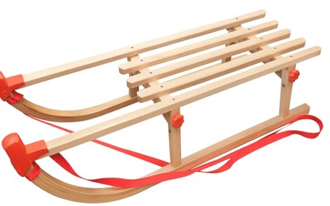 INDUSTORM Holzschlitten, Schlitten aus Buchenholz für Kinder & Erwachsene, Kinderschlitten, Metallverstärkungen, Vintage Hörnerschlitten & Weihnachtsschlitten JAŚ Normale Kufen, Klappbar