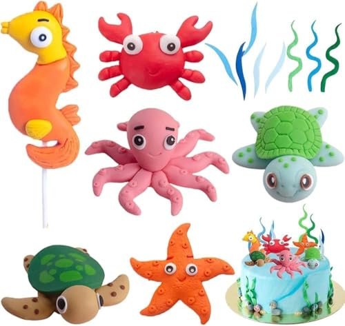 3D Ocean Theme Cake Decoration Sea Cake Toppers, 14 PCS Ocean Sea Animals Cake Decoration Under the Sea Marine Life Crabs Tropical Fish Turtles Beach Theme for Birthday Baby Shower Party Supplie