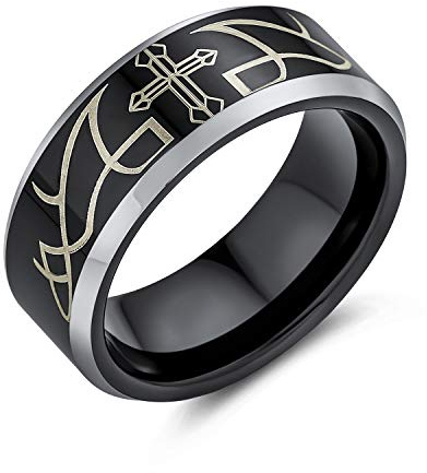 Bling Jewelry Laser Graved Catholic Religious Black Christ Thorn Cross Titan Band Ring Für Männer Comfort Fit 8MM