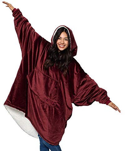 THE COMFY Original - Übergroße tragbare Decke mit Ärmeln und Tasche zum Entspannen, Reisen - Einheitsgröße, kuschelig weiche Mikrofaser und Sherpa-Kapuze Decke Zum Anziehen, Burgundy