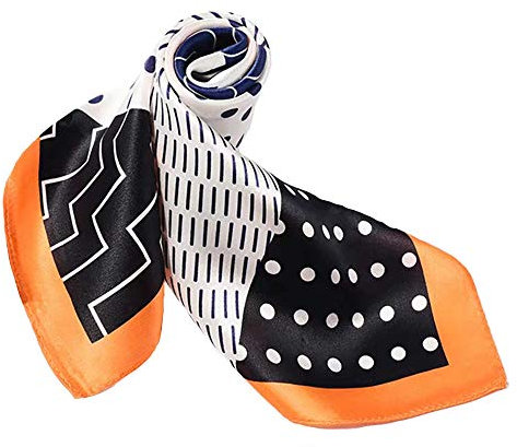 ANDANTINO Schal aus 100% Maulbeerseide, leicht, quadratisch, 53,3 cm, atmungsaktiv, digital bedruckt, mit Geschenkverpackung, Schwarz & Orange Geometrisch, Medium