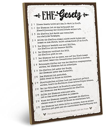 ARTFAVES® Wandbild Holzschild mit Spruch - Ehegesetz - Türschild Retro Vintage Deko Bild Geschenk - Hochzeit, Valentinstag, Kennenlerntag, Verlobung