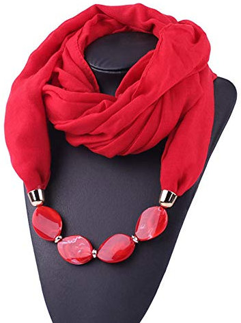 MoreChioce Damen Schlauchschal,Ethno Stil Halskette Anhänger Schal Musselintuch Ring Halsschmuck Loop Schal Set Halstuch Winterschal,Rot