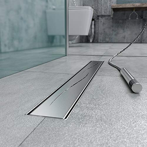 Duschrinne h-g16-1100, Siphon mit Geruchsstop und Haarsieb, Randablauf, Größen 30cm - 120cm, Edelstahl Ablaufrinne, Bodenablauf, Duschablauf sehr flach, Komplettset mit Bodenbefestigung Wave 110cm