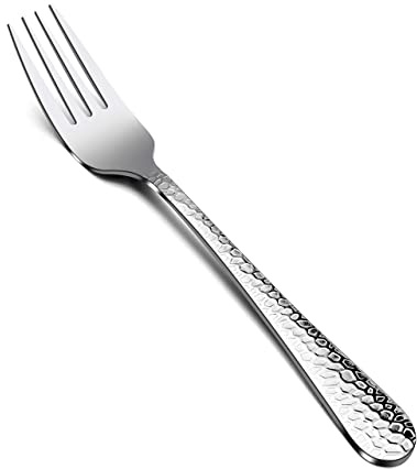 E-far Juego de 12 tenedores de acero inoxidable martillados para ensalada, tenedores para uso en el hogar, cocina, restaurante, borde redondo y espejo pulido, apto para vajilla - 7.9 pulgadas