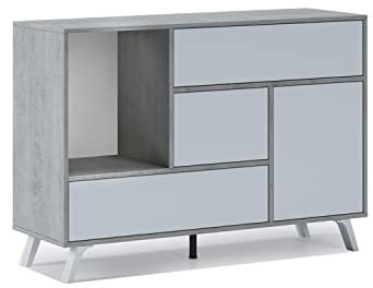 Skraut Home | Aparador para Salón o Comedor | 86 x 120 x 40 cm | Buffet con 1 Puerta + 3 Cajones | Modelo Wind | Madera Resistente | Acabado Cemento/Blanco