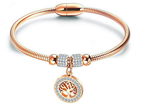 ATEIELLI Bracciale Albero della Vita Acciaio Inossidabile con Zirconia Chiusura Magnetica Donna 18cm JWB155 (Oro Rosa)