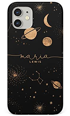 Tirita Personalised Initials Custom Hard Phone Case Compatible with iPhone 12 Mini PRINTED GLITTER, NOT REAL GLITTER Space Stars Moon Planets Black Copper Galaxy