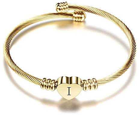 FGT Bracelet jonc doré en acier inoxydable avec initiale A-Z en forme de cœur pour femme, nom, famille, anniversaire, Noël, taille unique, Acier inoxydable, Pas de gemme