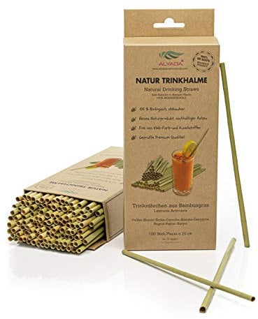 Natur Trinkhalme, Strohhalme aus Bambus Gras, 20cm, Einweg Trinkröhrchen, 100St. biologisch abbaubar