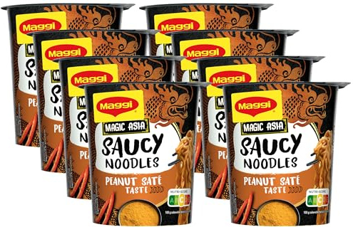 MAGGI Magic Asia Saucy Noodles Peanut Saté Cup, 8er Pack (8 x 75g) | Leckeres Fertiggericht mit asiatischen Instant Nudeln in cremiger Erdnuss-Sauce im praktischen Becher