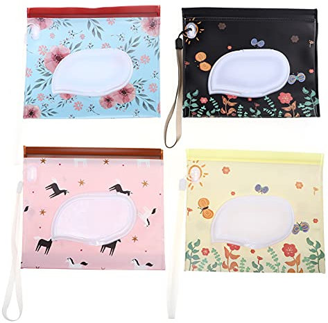 TOYANDONA Portable Wet Wipe Pouch: 4 Pieces Flower Pattern Wipe Dispenser Container- Refillable Reusable Baby Travel Diaper Wipe Carrying Case Holder