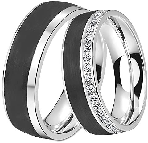 DOOSTI Paar Ring Set Damen Herren Partnerringe Edelstahl Carbon Schwarz als Freundschaftsring Partnerring Hochzeitsring Herrenring Damenring inkl. Gravur mit Namen (Ring mit Zirkonia, 62)