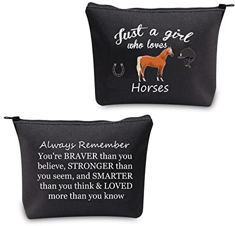 Kosmetiktasche mit Pferde-Motiv Just a Girl Who Loves Horses Lover, mit Reißverschluss, Reisetasche, Federmäppchen, Organizer, Schwarz