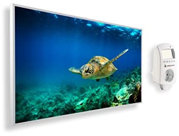Könighaus Panorama Bildheizung 600 Watt - Smart Thermostat - 8-16 m² | App, weißer Rahmen, Motiv: 13. Schildkröte unterwasser, TÜV SÜD, Infrarot Wandheizung