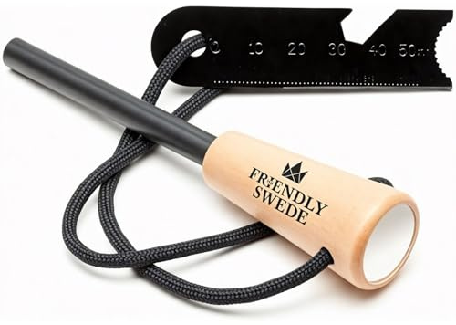 The Friendly Swede Ferro Rod Fire Starter Tool — Flint and Steel Fire Starter Survival Tool with Wooden Handle - Weatherproof Firestarter for Camping, Hiking & BBQs - Compact with Optimal Grip