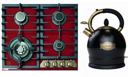 Kaiser Gas-Kochfeld, Gas-Kochfeld,60cm, Bordeaux Glas, Retro Einbau Herd, 3,8kW WOK Facette vorne Metallplate Bronze, Brenner Gold + WK 2000 Em Exklusiver Retro Wasserkocher Kontroll LED 2 L 1800W