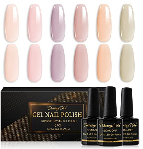 Shining She Jelly Gel Nail Polish, 6 Color Nude Pink Sheer Transparent Nail Polish Soak-Off UV/LED Gel Polish Gift for Nail Art Salon DIY Home, 8ML