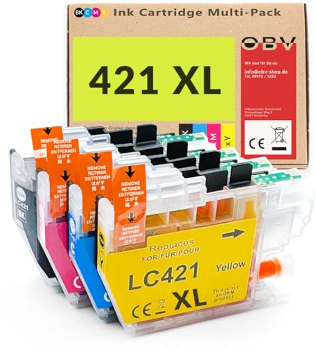 OBV 4X kompatible XL Tintenpatrone als Ersatz für Brother LC421 LC421XLVAL LC-421XLVAL für Brother DCP-J1050DW DCP-J1140DW DCP-J1800DW MFC-J1010DW - schwarz, Cyan, Magenta, gelb