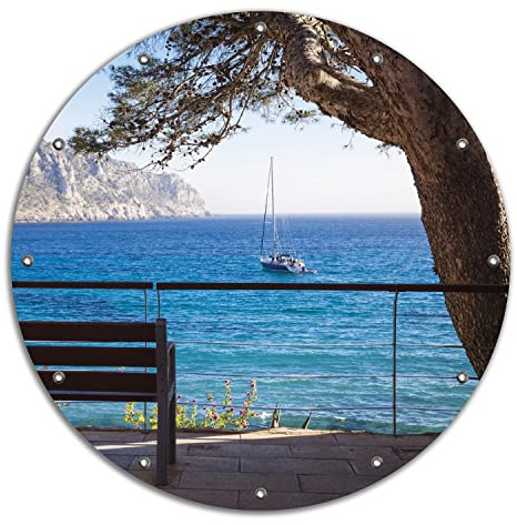 Wallario rundes Outdoor-Poster für Garten oder Balkon Einsame Bank am Meer - Spanien im Sommer, Motivbanner 90 cm Durchmesser