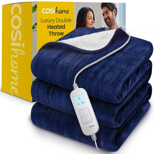 Cosi Home Heizdecke 200 x 150 cm - Elektrische Wärmedecke mit Abschaltautomatik, Überhitzungsschutz, Waschbar, Kuscheliges Sherpa & Fleece, 10 Heizstufen mit digitaler Fernbedienung - Navy