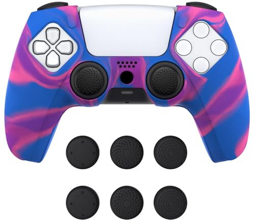 PlayVital Acoplable Funda de Silicona para ps5 Control Protectora Antideslizante Funda de Goma Grip Cover con 6 Tapas para Pulgar para ps5 Compatible con Carga Estación (Pure Series-Rosa&Morado&Azul)