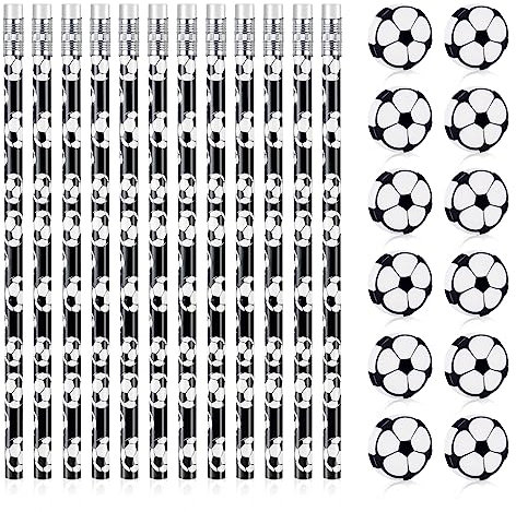 AUAUY Set di Cancelleria a Tema Calcio, 12PZ Matite con Gomma da Calcio, Matite da Calcio con 12PZ Gomme da Cancellare Calcio, per Cancelleria Scolastica Bomboniere per Feste di Compleanno