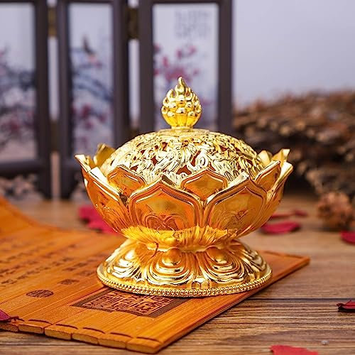 Mini Räuchergefäß Lotus Bronze Zink-Legierung, Räucher-Schale mit Deckel, Räucher-Gefäß für Kohle, auch für Räucher-Stäbchen oder Räucher-Kegel, für Heim und Büro Dekoration, S (Gold)