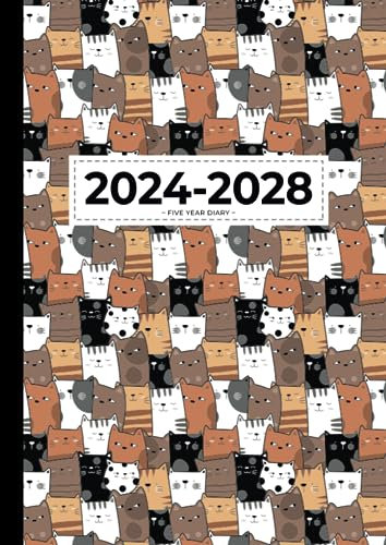 5 Year Diary 2024-2028 | A4 Serious Cat Crowd: Month to View Planner with UK Holidays, Moon Phases, Birthdays & Celebrations, Contacts, Passwords (Five Years)