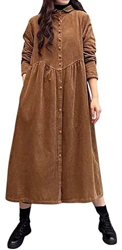 Robe Rouge Femmes Simple Manteaux Solide Couleur À Manches Longues en Velours Côtelé Inspiration Épais Froissé Plus La Taille Manteaux (Brown, XXL)