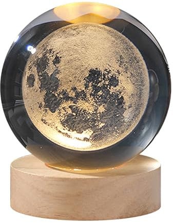 GDWD 3D Kristallkugel Nachtlicht, Nachtszene Astronomie LED Ball Lampe Mit Holzsockel, USB Aufladung Sonnensystem Planet Glaskugel, Geburtstag Kinder Geschenke,Tisch Party Deko (6cm Mond)