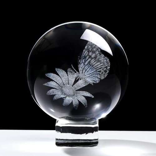 Briefbeschwerer mit Kristallkugel, graviert, Schmetterling und Blume, Sammlerstück, Briefbeschwerer mit Ständer, Glas, 6 cm, Schmetterlingskugel, Ornament, Geschenke für Frauen, Männer, Freunde, Mun