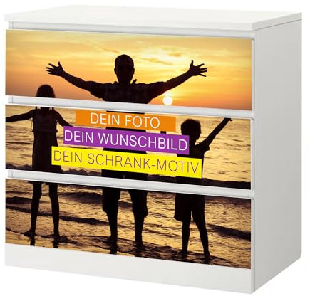 Sunnywall Möbelaufkleber mit eigenem Foto Grafik passend für IKEA Malm Kommode Möbeltattoo Klebefolie Möbel Möbelfolie (Malm 3 Schubladen)