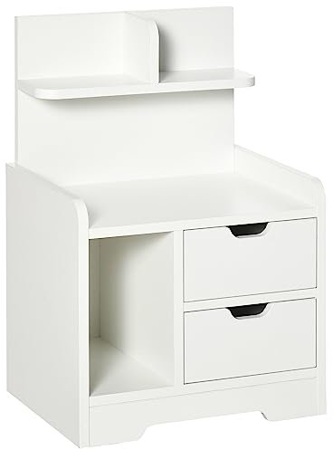 HOMCOM Table de Chevet Table de Nuit Multi-rangemen 2 tiroirs Niche étagère en Bois Blanc