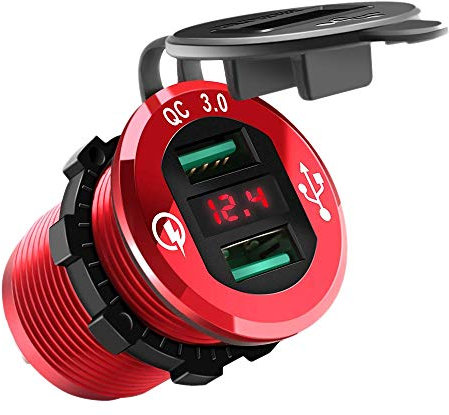 Pgyewhdf Quick Charge 3.0 USB Charger Socket, 12V/24V Dual USB Car Power Outlet Waterproof Lighter with LED Voltmeter