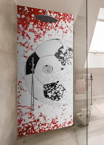 Wallario Selbstklebende Duschrückwand 90 x 180 cm mit Motiv Fußball - Splashing Design in rot - Wandverkleidung Fließenersatz mit Hochglanzlaminat in Glasoptik