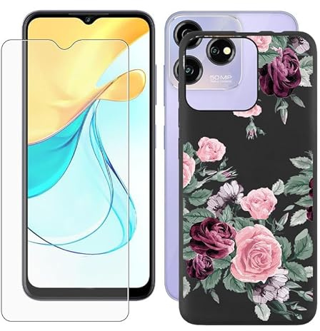 IJTYHF Hülle für ZTE Blade V50S (6.60 Zoll) Handyhülle Silikon Cases Weich Phone Case TPU Cover Protector Hüllen Black Bumper + Displayschutzfolie Gehärteter Film -Pinke Rose -A37