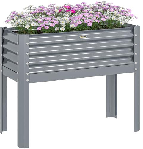 Outsunny Hochbeet, Erhöhter Pflanzkasten, Frühbeet aus Stahl, Kräuterbeet, Pflanzkasten für Garten, Balkon, Grau, 100 x 45 x 80 cm