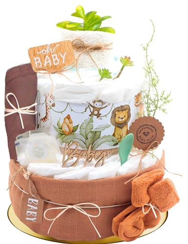 Trend Mama® Windeltorte | Safari | Neutral | mit Musselintuch, Baby Lätzchen, Breilöffel, Tee, Frottee Spucktuch, Babysocken | Babygeschenk Geburt | 27 Stück, Größe 2 (4-8 Kg), Unisex