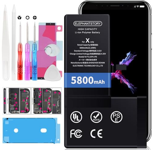 ElephantStory Batterie pour iPhone X, 5800mah Remplacement Interne Haute Capacité Batterie pour A1920 A2097 A2098 A2100 avec Guide et Tous Les Outils de Réparation
