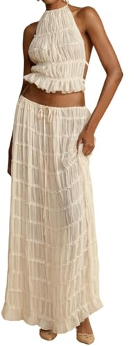 NIUVOO Ensemble sexy 2 pièces maxi jupe Y2k sans manches crop débardeur gilet mousseline fluide volants longue robe midi ensemble mode tenues de plage, abricot, S