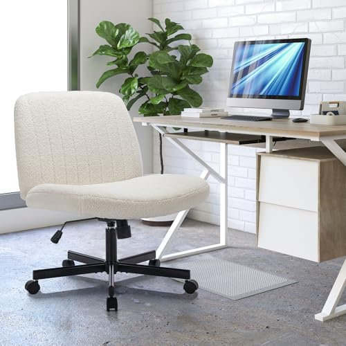 COLAMY Breiter Bürostuhl, Gepolsterter Armloser Schreibtischstuhl Drehbarer Home Office Stuhl 115° Wippfunktion Ergonomischer Computerstuhl für Home Office, Schminken, Gaming (Mit Rollen, Creme)