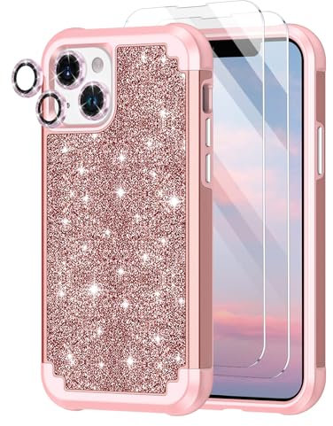 Petocase for iPhone 14 Case Shockproof Three Layer Heavy Duty Rugged Hybrid Full Body Drop Protective Cute Glitter Bling Sparkly Cover Women Girls Case for Apple iPhone 14 2022,Shiny Rose Gold