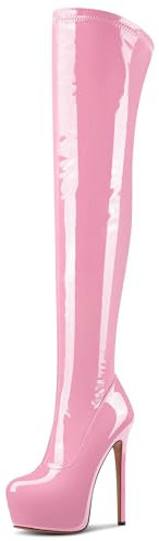 NobleOnly Donna Alto High Spillo Tacco Heel Rotonda Punta Piattaforma Sopra il Ginocchio Stivali Cerniera Ballo Feste Stivali 15 CM Heels Rosa 41 EU
